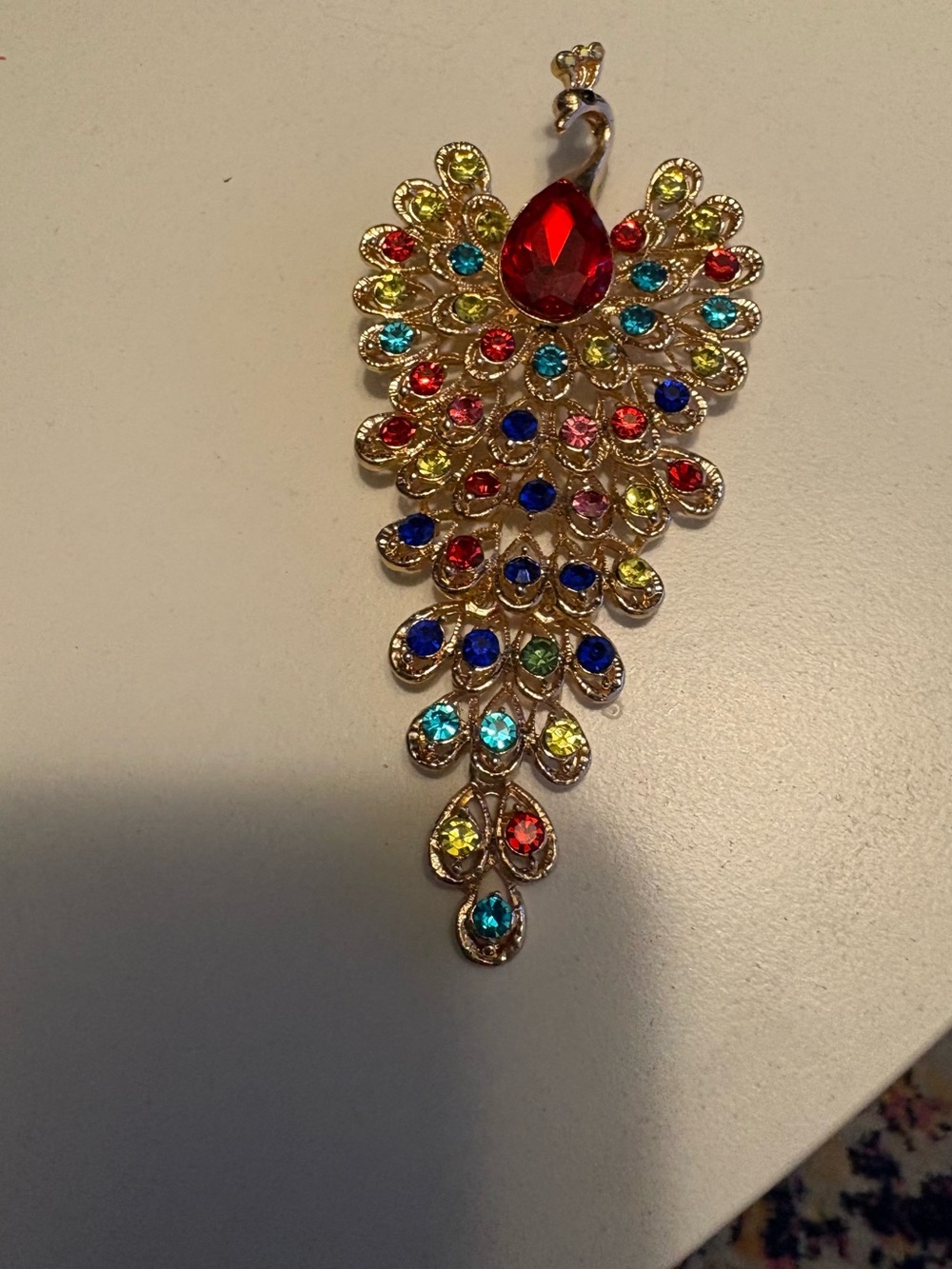 Gold Peacock Gemstone Brooch